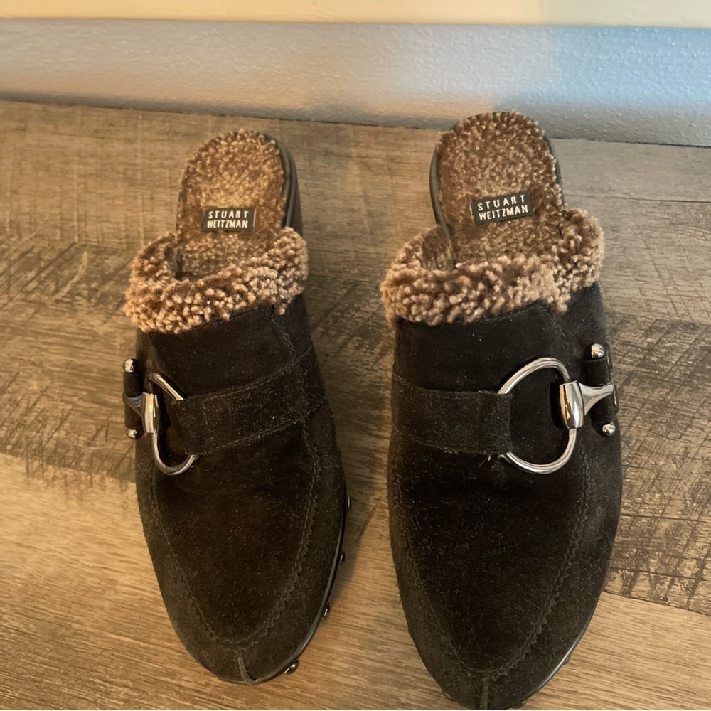 Stuart Weitzman Black Suede Mules with Brown Fur size 7M